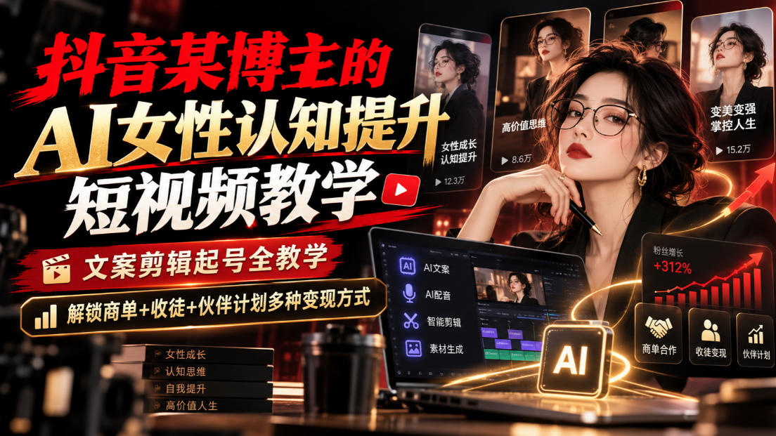 抖音某博主的Ai女性认知提升短视频教学，文案剪辑起号全教学，解锁商单+收徒+伙伴计划多种变现方式-吾爱云课堂