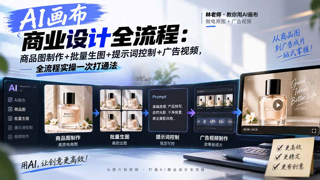 AI画布商业设计全流程：商品图制作+批量生图+提示词控制+广告视频，全流程实操一次打通法-吾爱云课堂