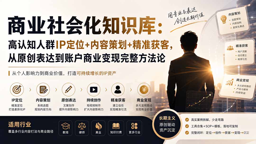 商业社会化知识库：高认知人群IP定位+内容策划+精准获客，从原创表达到账户商业变现完整方法论-吾爱云课堂
