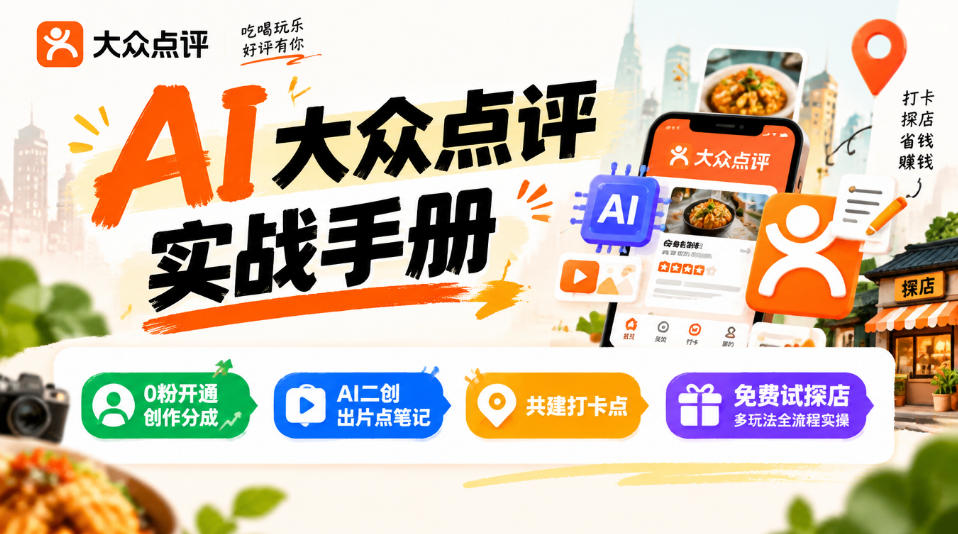 某局的AI大众点评实战手册，0粉开通创作分成、AI二创出片点笔记、共建打卡点、免费试探店多玩法全流程实操-吾爱云课堂