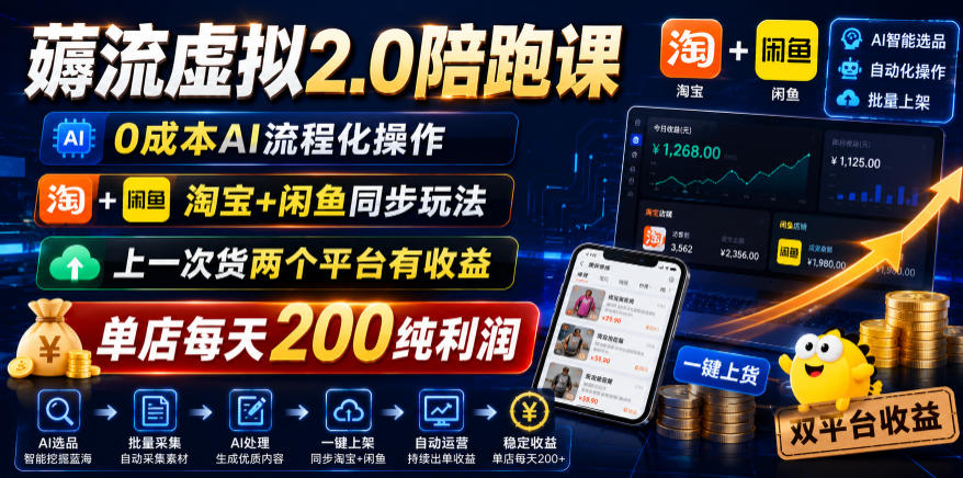 薅流虚拟2.0陪跑课，0成本AI流程化操作，淘宝+闲鱼同步玩法，上一次货两个平台有收益，单店每天200纯利润-吾爱云课堂