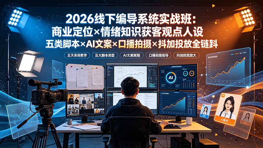 2026线下编导系统实战班：商业定位×情绪知识获客观点人设五类脚本×AI文案×口播拍摄×抖加投放全链路-吾爱云课堂