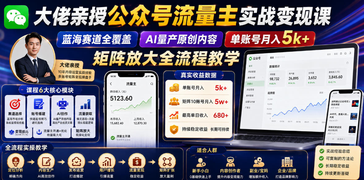 大佬亲授公众号流量主实战变现课，蓝海赛道全覆盖，AI量产原创内容，单账号月入5k+矩阵放大全流程教学-吾爱云课堂