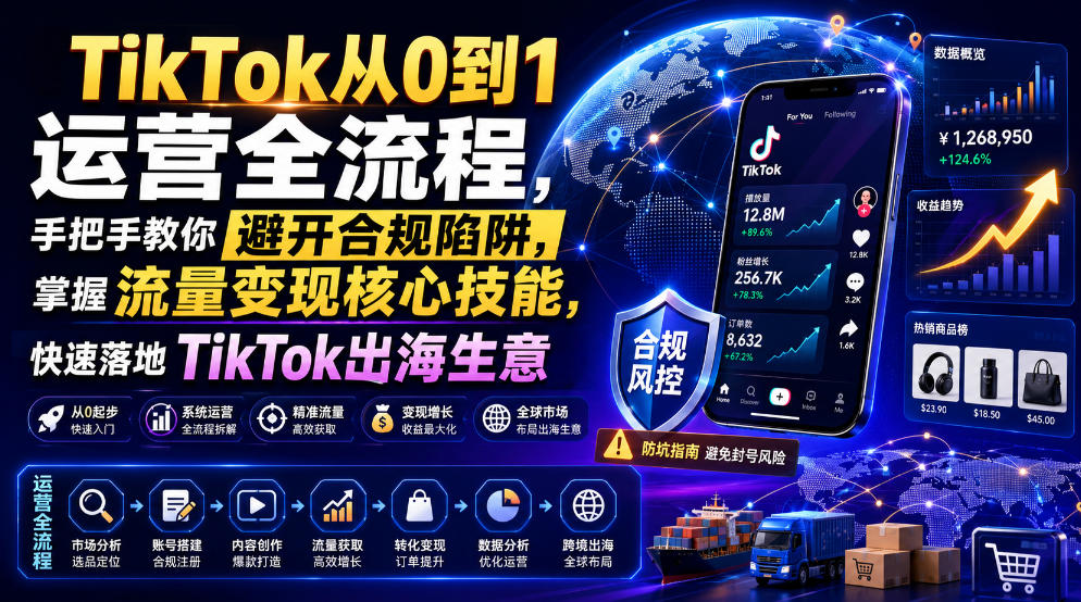 TikTok从0到1运营全流程，手把手教你避开合规陷阱，掌握流量变现核心技能，快速落地TikTok出海生意(更新8月)-吾爱云课堂