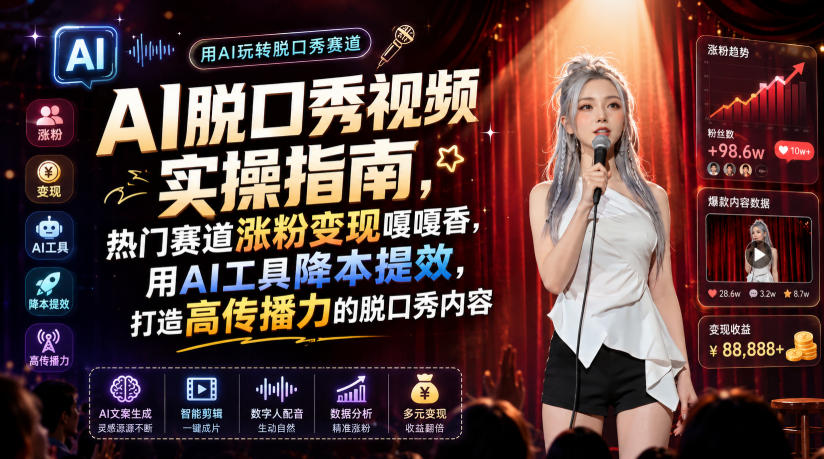 AI脱口秀视频实操指南，热门赛道涨粉变现嘎嘎香，用AI工具降本提效，打造高传播力的脱口秀内容-吾爱云课堂