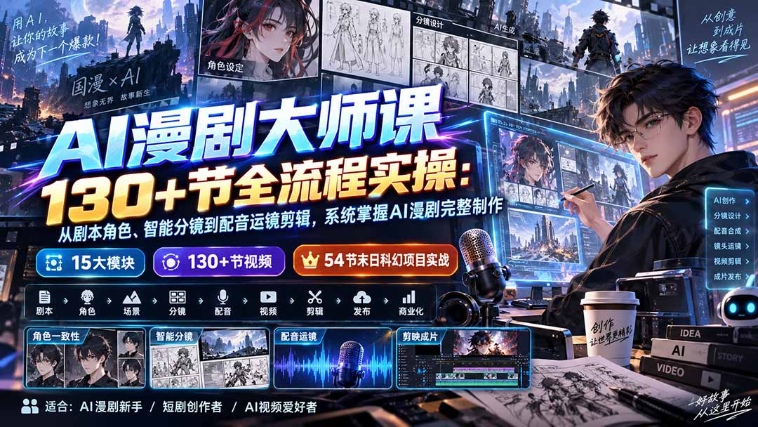 AI漫剧大师课130+节全流程实操：从剧本角色、智能分镜到配音运镜剪辑，系统掌握AI漫剧完整制作-吾爱云课堂