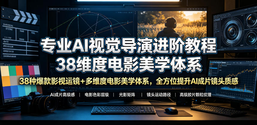 专业AI视觉导演进阶教程，38种爆款影视运镜+多维度电影美学体系，全方位提升AI成片高级感与镜头质感-吾爱云课堂