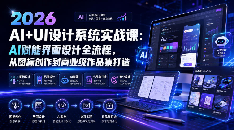 2026 AI+UI设计系统实战课：AI赋能界面设计全流程，从图标创作到商业级作品集打造-吾爱云课堂