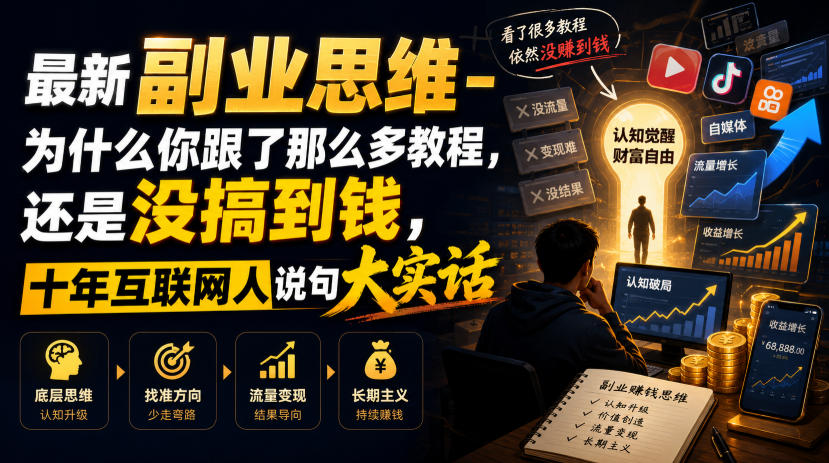 最新副业思维-为什么你跟了那么多教程,还是没搞到钱,十年互联网人说句大实话【揭秘】-吾爱云课堂
