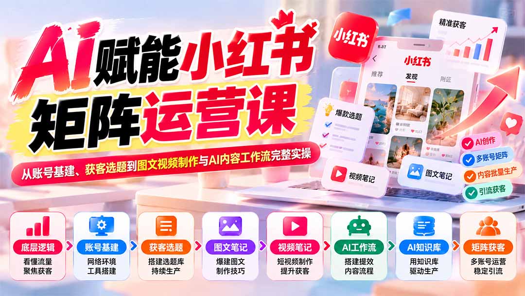 AI赋能小红书矩阵运营课：从账号基建、获客选题到图文视频制作与AI内容工作流完整实操-吾爱云课堂