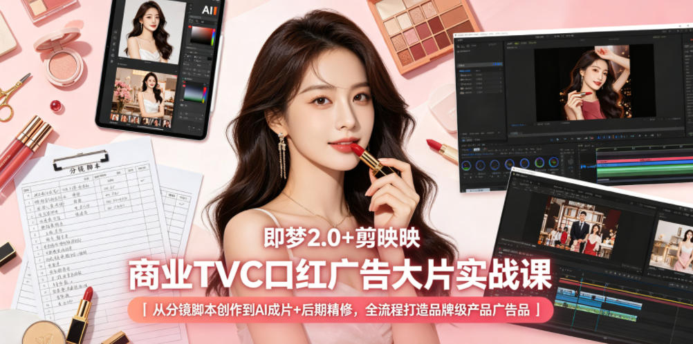 即梦2.0+剪映商业TVC口红广告大片实战课｜从分镜脚本创作到AI成片+后期精修，全流程打造品牌级产品广告-吾爱云课堂