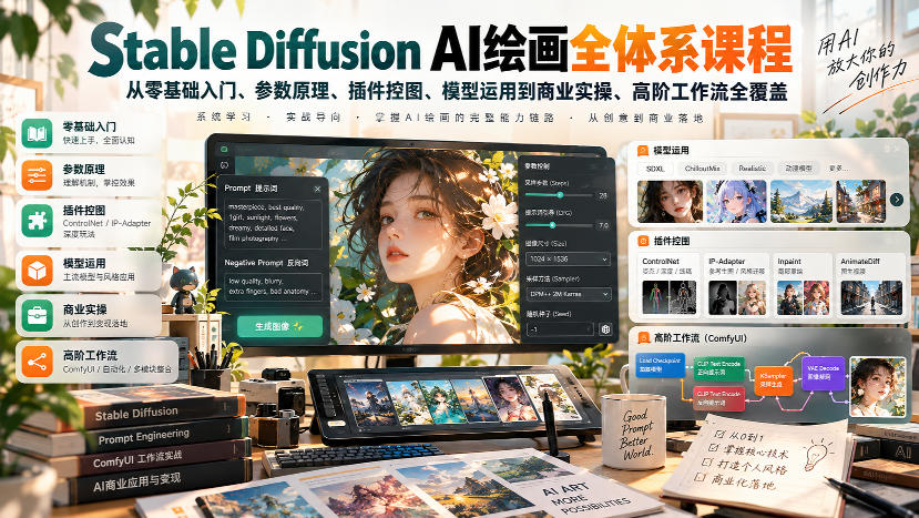 【无水印】Stable Diffusion AI绘画全体系课程，从零基础入门、参数原理、插件控图、模型运用到商业实操、高阶工作流全覆盖-吾爱云课堂