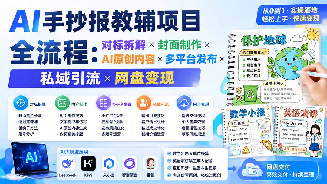AI手抄报教辅项目全流程：对标拆解×封面制作×AI原创内容×多平台发布×私域引流×网盘变现-吾爱云课堂
