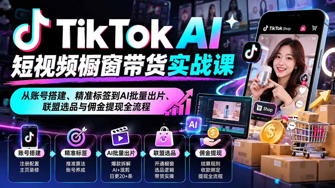 TikTok AI短视频橱窗带货实战课：从账号搭建、精准标签到AI批量出片、联盟选品与佣金提现全流程-吾爱云课堂