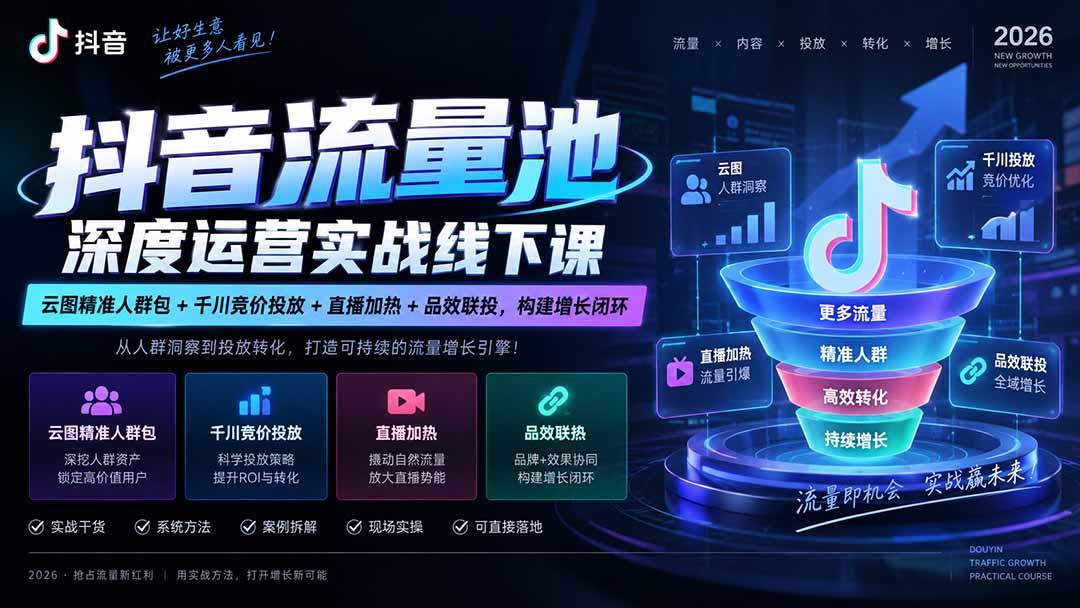 抖音流量池深度运营实战线下课｜云图精准人群包+千川竞价投放+直播加热+品效联投，构建增长闭环-吾爱云课堂