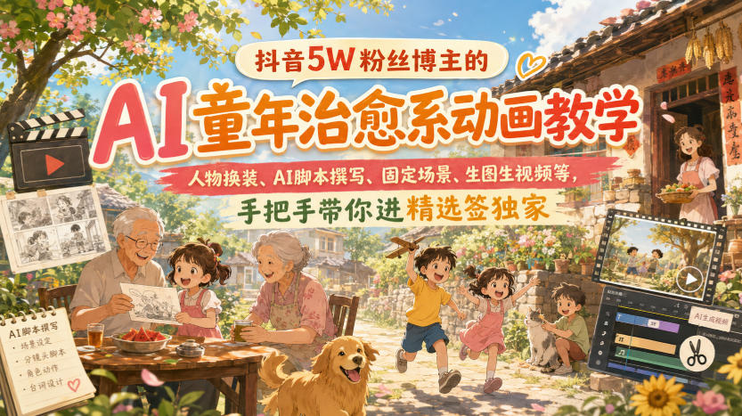 抖音5W粉丝博主的AI童年治愈系动画教学，人物换装、AI脚本撰写、固定场景、生图生视频等，手把手带你进精选签独家-吾爱云课堂