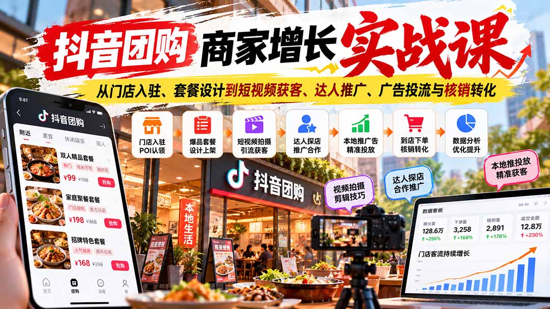 抖音团购商家增长实战课：从门店入驻、套餐设计到短视频获客、达人推广、广告投流与核销转化-吾爱云课堂