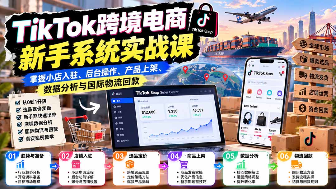 TikTok跨境电商新手系统实战课：掌握小店入驻、后台操作、产品上架、数据分析与国际物流回款-吾爱云课堂
