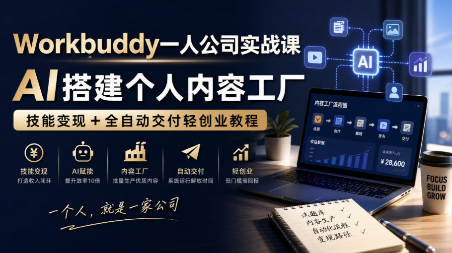 Workbuddy一人公司实战课，AI搭建个人内容工厂，技能变现+全自动交付轻创业教程​-吾爱云课堂