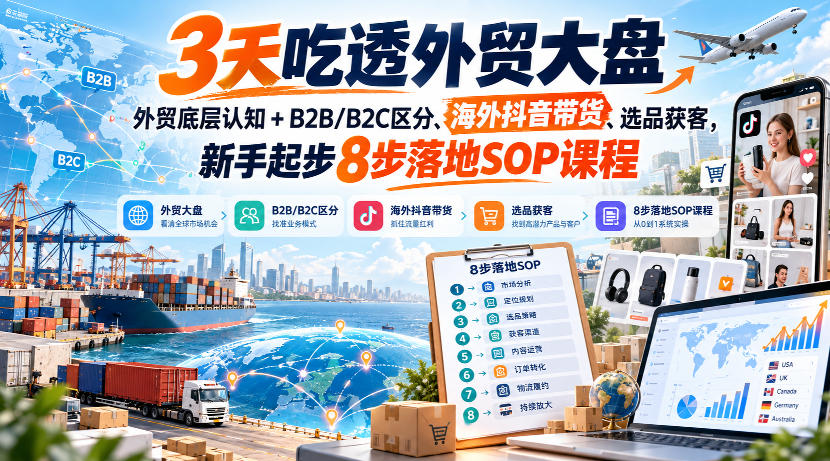 3天吃透外贸大盘，外贸底层认知+B2B/B2C区分、海外抖音带货、选品获客，新手起步8步落地SOP课程-吾爱云课堂