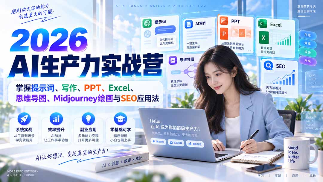 2026AI生产力实战营：掌握提示词、写作、PPT、Excel、思维导图、Midjourney绘画与SEO应用法-吾爱云课堂