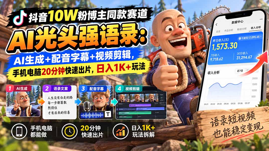【无水印】抖音10W粉博主同款赛道AI光头强语录：AI生成+配音字幕+视频剪辑，手机电脑20分钟快速出片，日入1K+玩法-吾爱云课堂