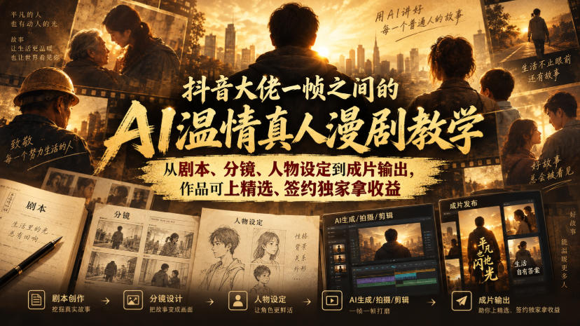抖音大佬一帧之间的AI温情真人漫剧教学，从剧本、分镜、人物设定到成片输出，作品可上精选、签约独家拿收益-吾爱云课堂