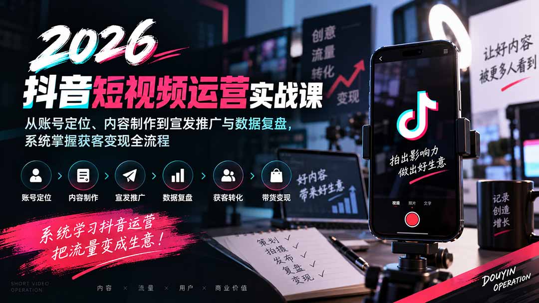 2026抖音短视频运营实战课：从账号定位、内容制作到宣发推广与数据复盘，系统掌握获客变现全流程-吾爱云课堂