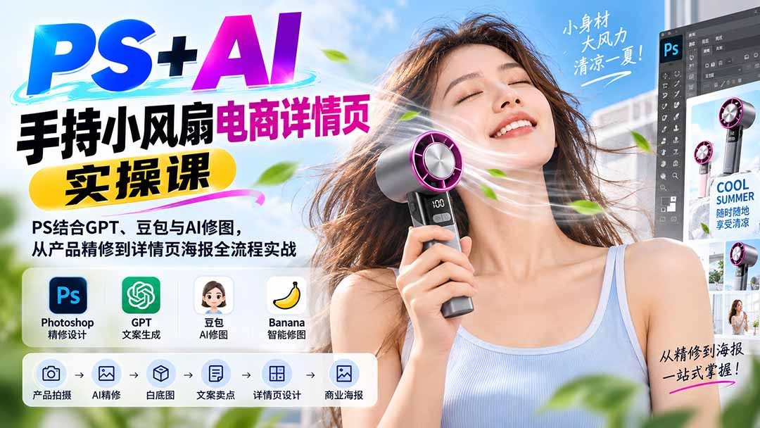 PS+AI手持小风扇电商详情页实操课：PS结合GPT、豆包与AI修图，从产品精修到详情页海报全流程实战-吾爱云课堂