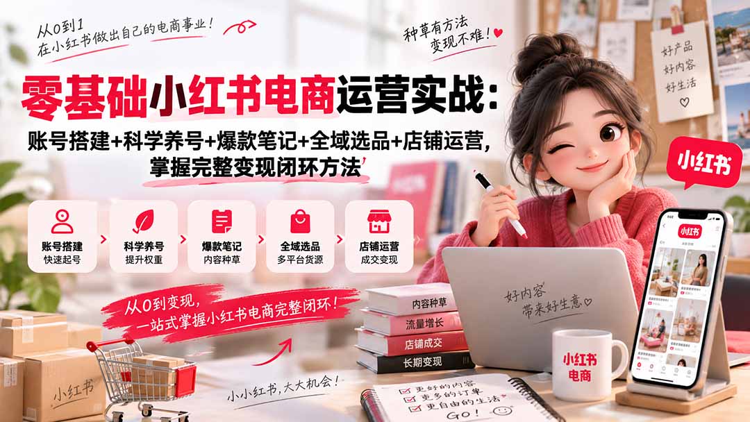 零基础小红书电商运营实战：账号搭建+科学养号+爆款笔记+全域选品+店铺运营，掌握完整变现闭环方法-吾爱云课堂