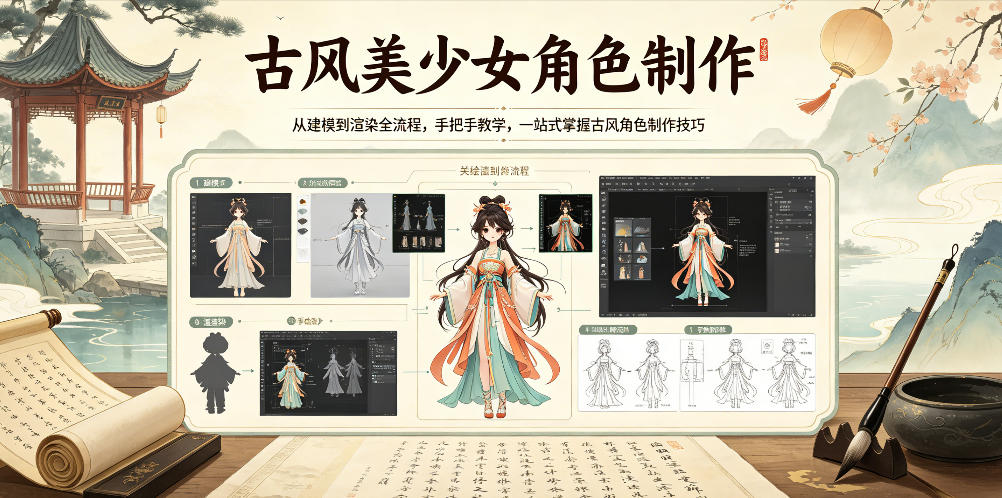 古风美少女角色制作，从建模到渲染全流程，手把手教学，一站式掌握古风角色制作技巧-吾爱云课堂