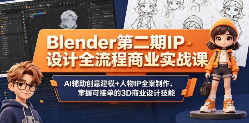 Blender第二期IP设计全流程商业实战课，AI辅助创意建模+人物IP全案制作，掌握可接单的3D商业设计技能-吾爱云课堂