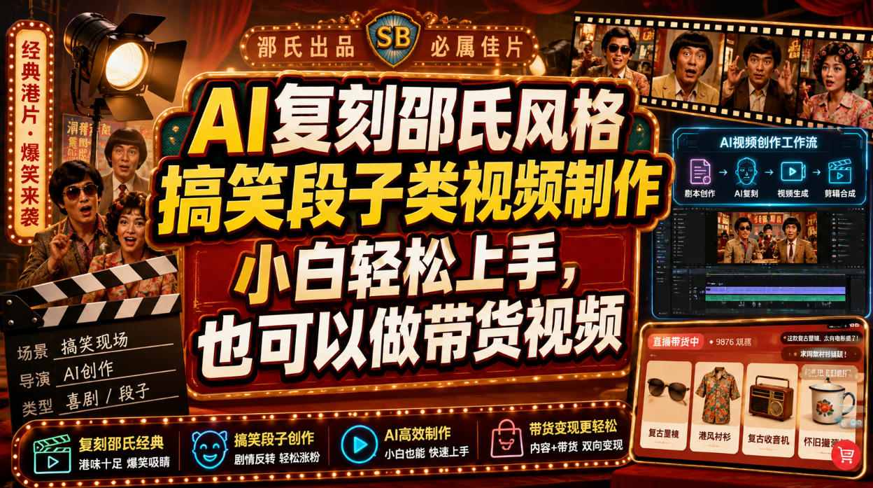 AI复刻邵氏风格搞笑段子类视频制作，小白轻松上手，也可以做带货视频-吾爱云课堂
