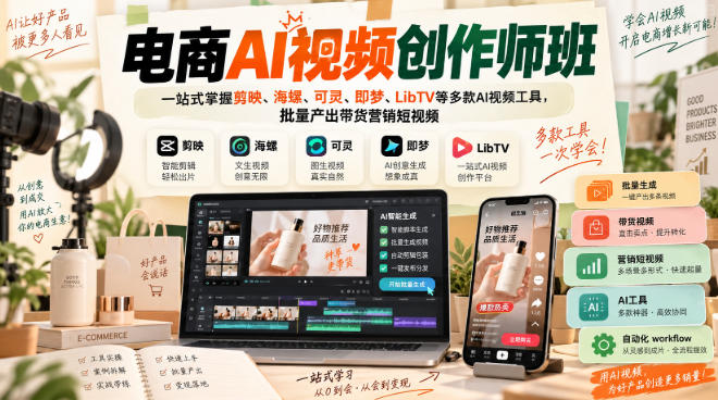 电商AI视频创作师班，一站式掌握剪映、海螺、可灵、即梦、LibTV等多款AI视频工具，批量产出带货营销短视频-吾爱云课堂
