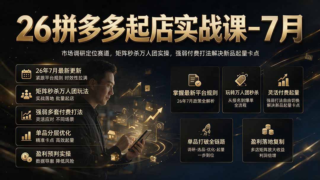 26拼多多起店实战课-7月｜市场调研定位赛道，矩阵秒杀万人团实操，强弱付费打法解决新品起量卡点-吾爱云课堂