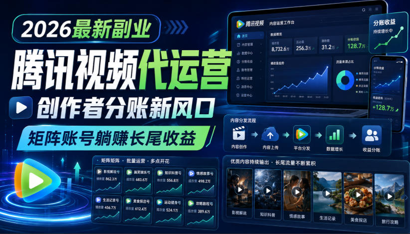 2026最新副业之腾讯视频代运营：创作者分账新风口，矩阵账号躺賺长尾收益【揭秘】-吾爱云课堂