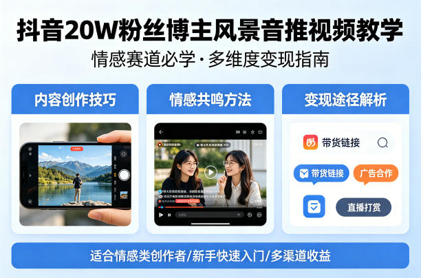 抖音20W粉丝博主风景音推视频教学，情感赛道必学，各种变现途径-吾爱云课堂
