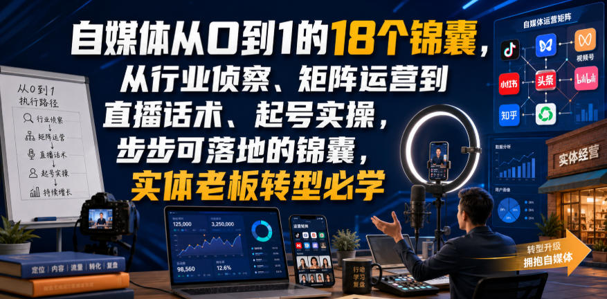 自媒体从0到1的18个锦囊，从行业侦察、矩阵运营到直播话术、起号实操，步步可落地的锦囊，实体老板转型必学-吾爱云课堂