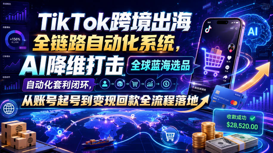 TikTok跨境出海全链路自动化系统,AI降维打击全球蓝海选品自动化套利闭环,从账号起号到变现回款全流程落地(2026年7月)-吾爱云课堂