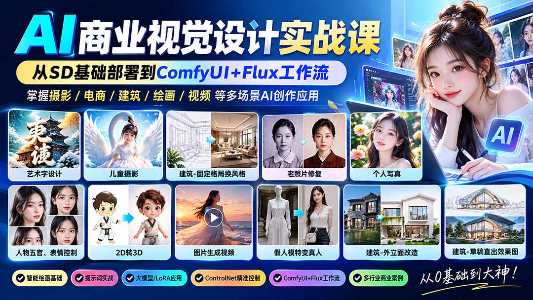 【无水印】AI商业视觉设计实战课：从SD基础部署到ComfyUI+Flux工作流，掌握摄影电商建筑AI创作-吾爱云课堂