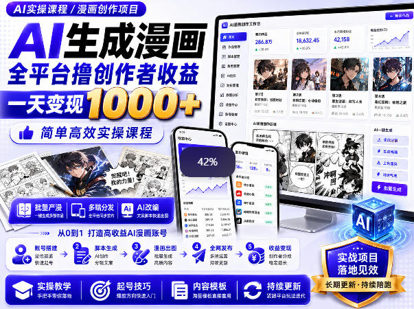 AI生成漫画全平台撸创作者收益内部课程，实操最高单日变现1k+-吾爱云课堂