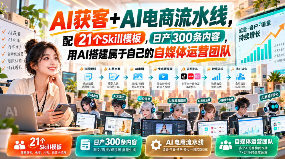 AI获客+AI电商流水线，配21个Skill模板，日产300条内容，用AI搭建属于自己的自媒体运营团队-吾爱云课堂