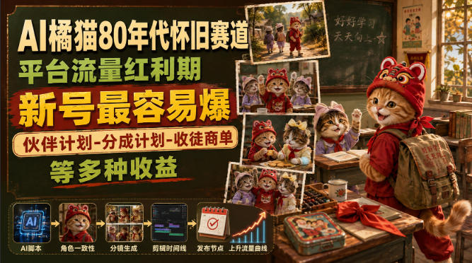 AI橘猫80年代怀旧赛道，平台流量红利期，新号最容易爆，伙伴计划-分成计划-收徒商单等多种收益-吾爱云课堂