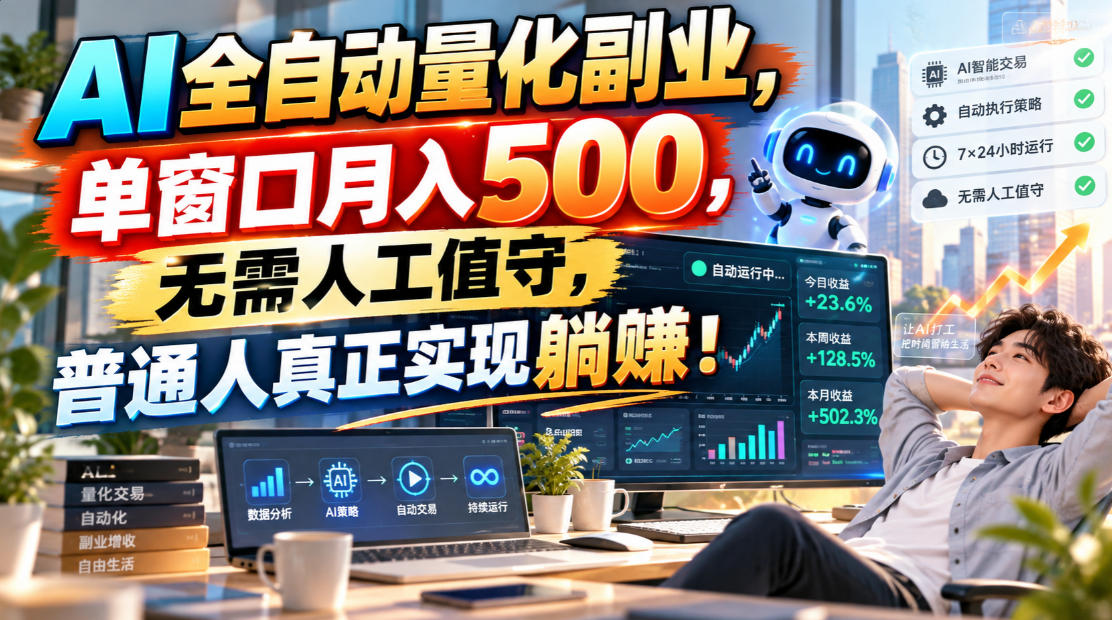 AI全自动量化副业，单窗口月入500，无需人工值守，普通人真正实现躺賺！-吾爱云课堂