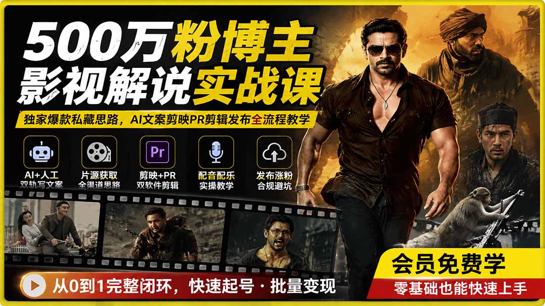 500万粉博主影视解说实战课｜独家爆款私藏思路，AI文案剪映PR剪辑发布全流程教学-吾爱云课堂