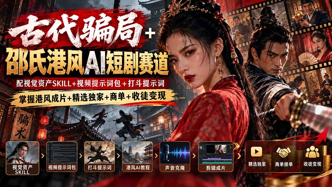古代骗局+邵氏港风AI短剧赛道：配视觉资产SKILL+视频提示词包+打斗提示词，掌握港风成片+精选独家+商单+收徒变现-吾爱云课堂