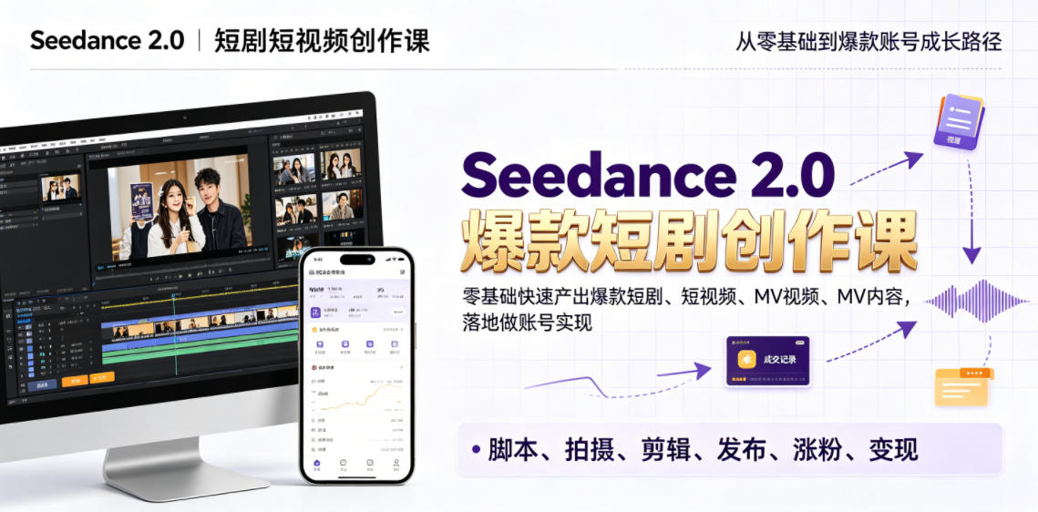 Seedance 2.0短剧短视频创作课,零基础快速产出爆款短剧、短视频、MV内容,落地做账号实现变现-吾爱云课堂