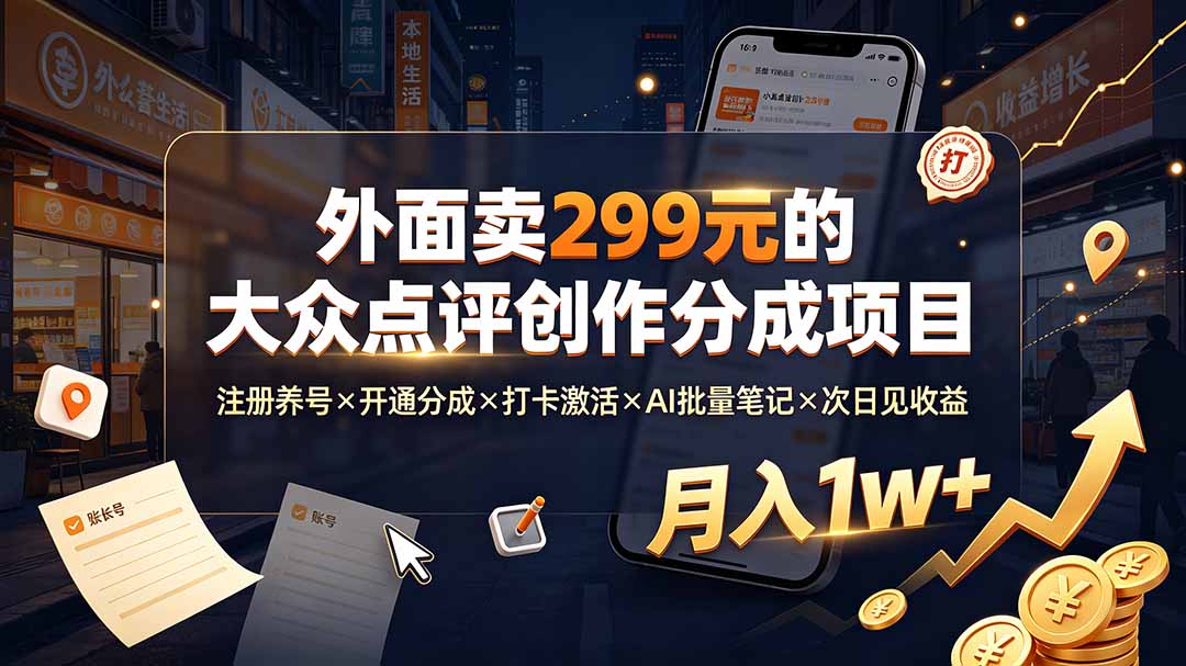 外面卖299元的大众点评创作分成项目：注册养号×开通分成×打卡激活×AI批量笔记×次日见收益，月入1w+-吾爱云课堂