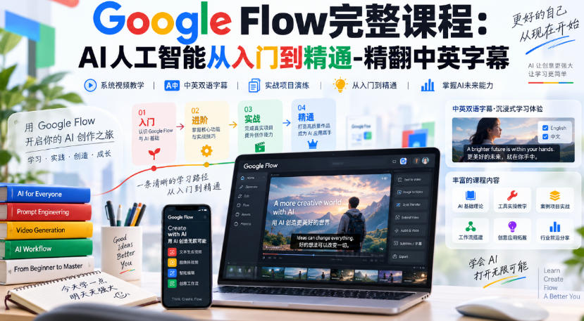 【无水印】Google Flow完整课程：AI人工智能从入门到精通-精翻中英字幕-吾爱云课堂