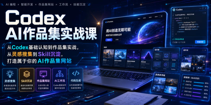 Codex AI作品集实战课，从Codex基础认知到作品集实战，从灵感搜集到Skill沉淀，打造属于你的AI作品集网站-吾爱云课堂